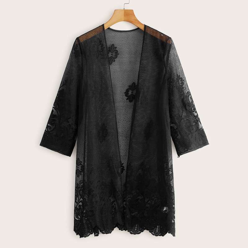 

Contrast Lace Open Front Kimono, Black