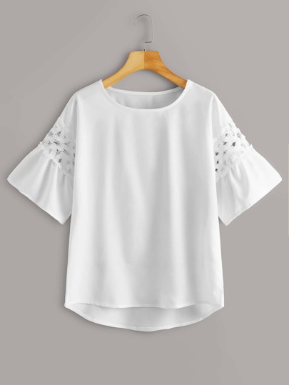 Contrast Lace Flounce Sleeve Dip Hem Top