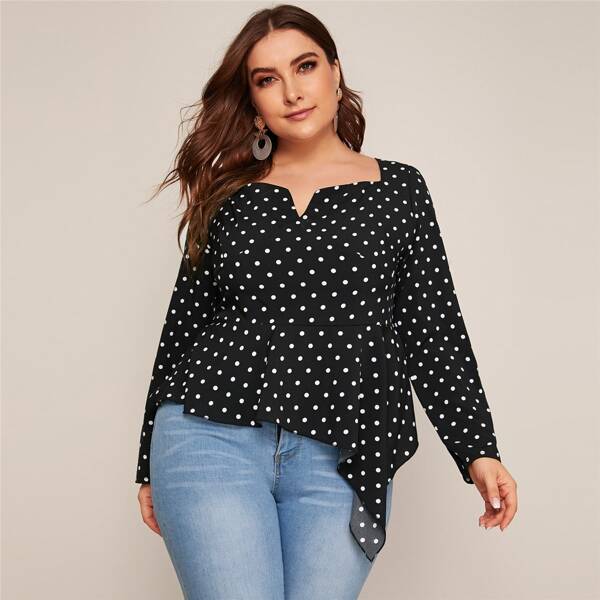 

Plus Polka Dot Asymmetrical Ruffle Hem Blouse, Black