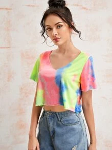 SHEIN 扎染毛邊短版T恤 - 彩色 - 查看 3