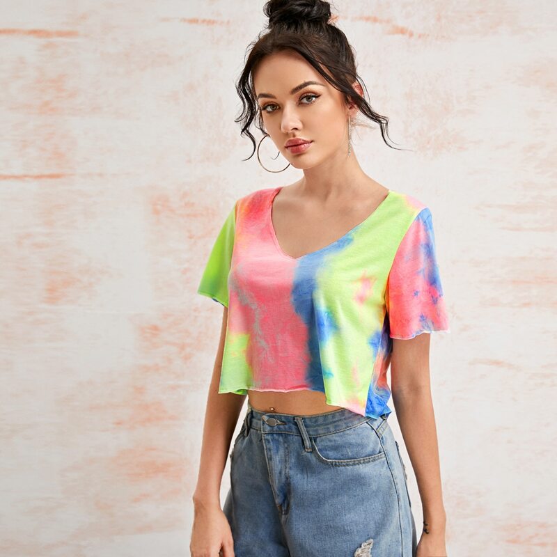 

Tie Dye Raw Edge Crop Tee, Multicolor