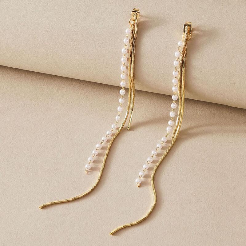 

1pair Pearl Decor Beaded Tassel Drop Earrings, Gold