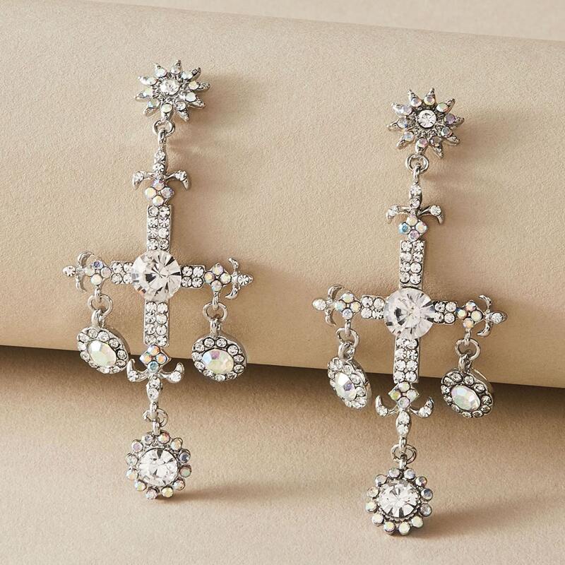 

1pair Rhinestone Engraved Cross Drop Earrings, Silver
