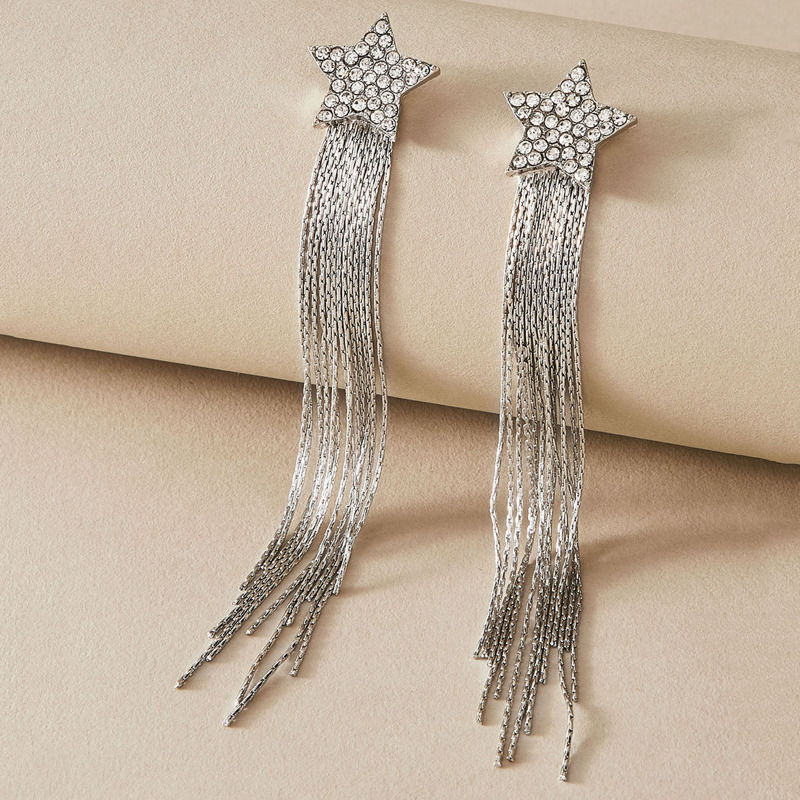 

1pair Rhinestone Engraved Tassel Drop Earrings, Silver