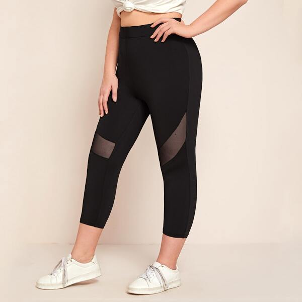 

Plus Sheer Mesh Insert Cropped Leggings, Black