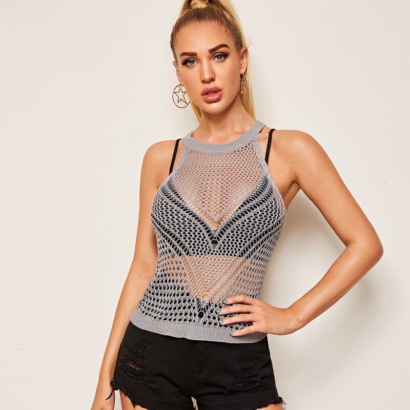 

Halterneck Crochet Cover Up Top Without Bra, Grey
