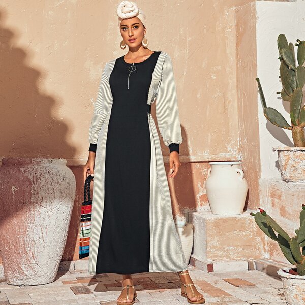 

O-ring Quarter Zip Stripe Maxi Dress, Multicolor