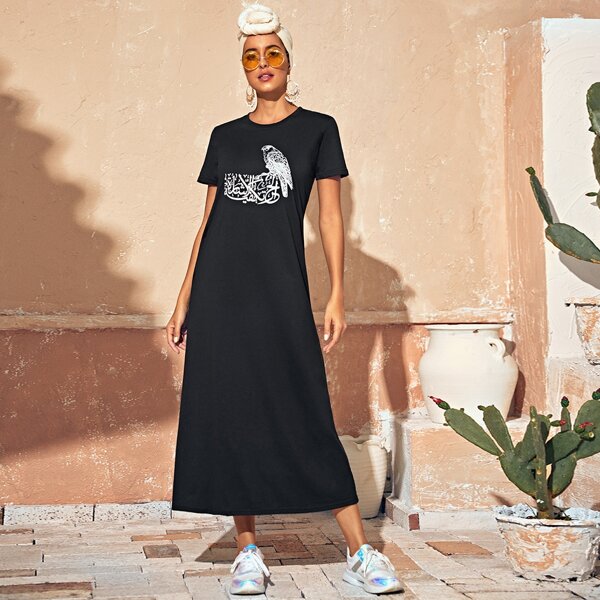 

Bird Print Longline Tee Dress, Black