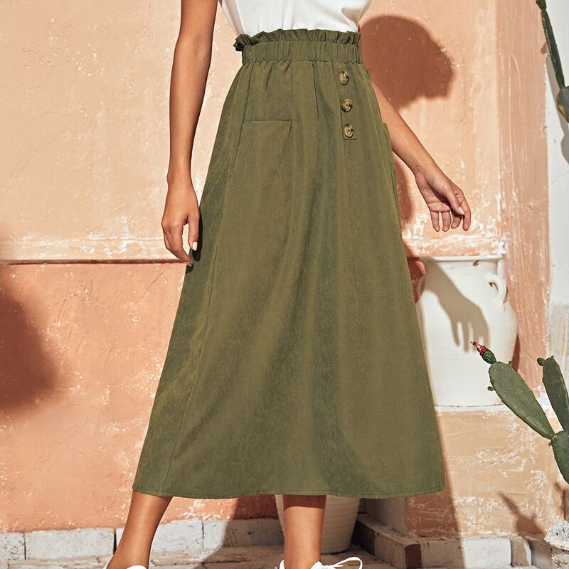 

Dual Pockets Button Front Paperbag Waist Skirt, Army green