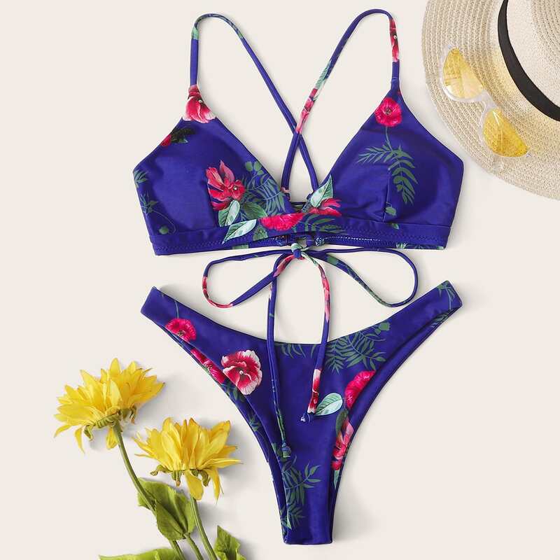 

Floral High Leg Bikini Swimsuit, Purple