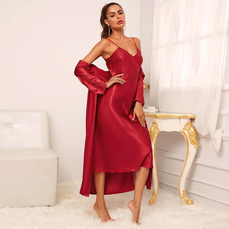 

2pcs Solid Satin Night Dress & Contrast Lace Belted Robe, Red