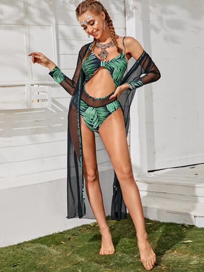 Tropical Cut-out Front One Piece Swimsuit With Kimono