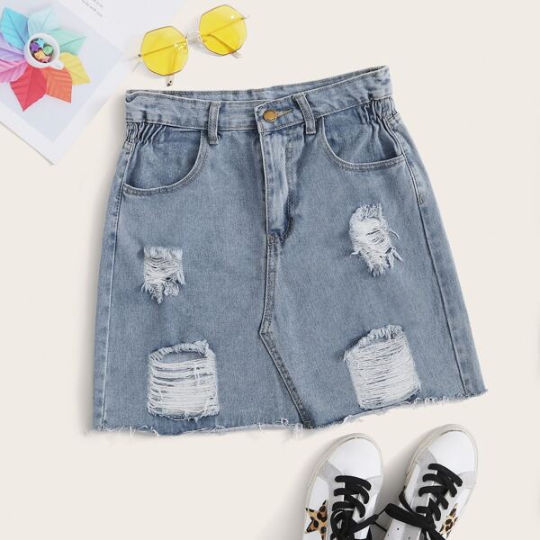 

Button Fly Ripped Denim Skirt, Blue