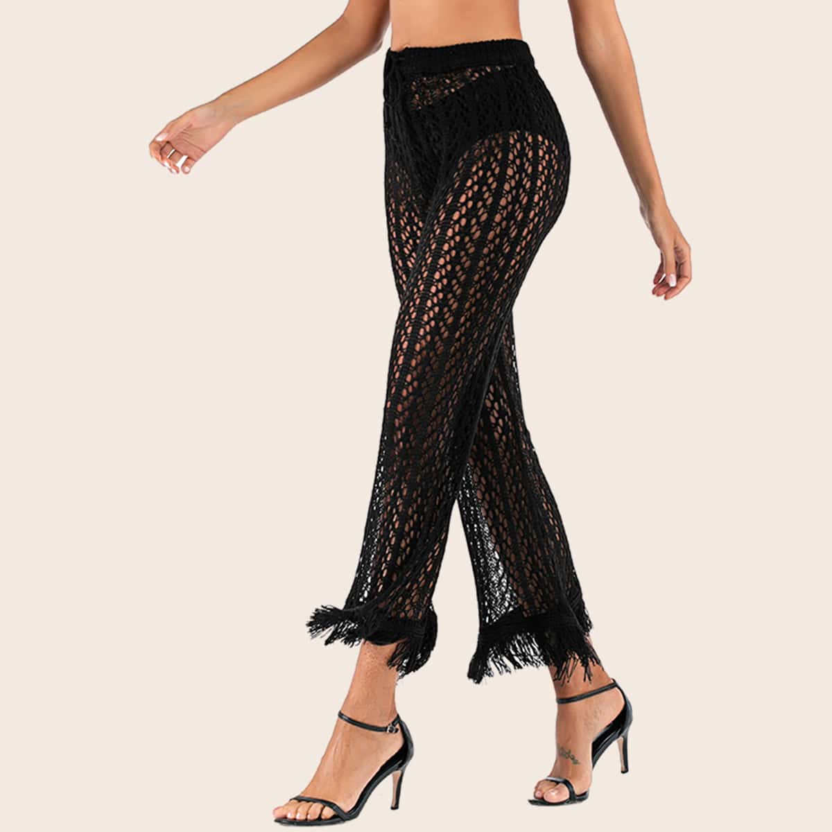 

Open Knit Fringe Hem Cover Up Pants Without Panty, Black