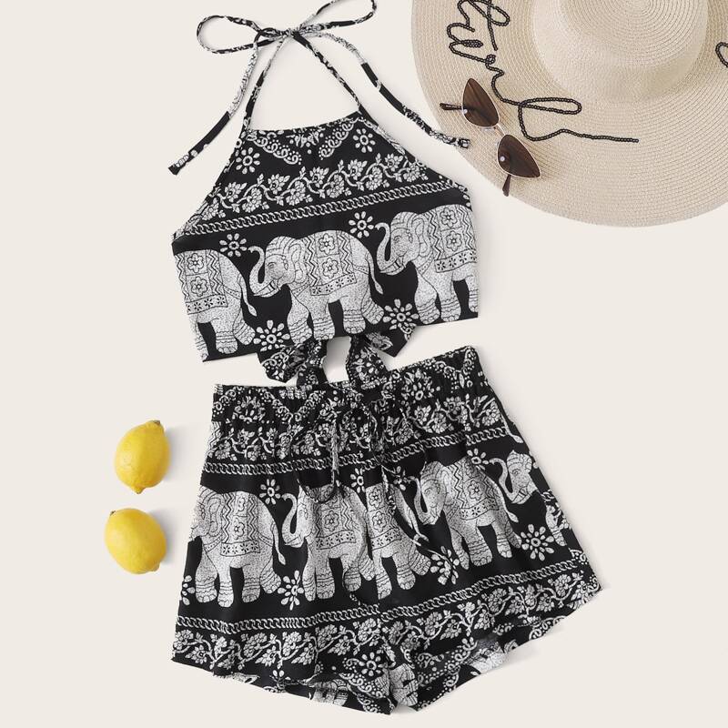 

Elephant & Tribal Print Tie Back Halter Top With Shorts, Black and white