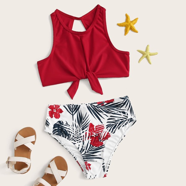 

Girls Tropical Knot Front High Waisted Bikini, Multicolor