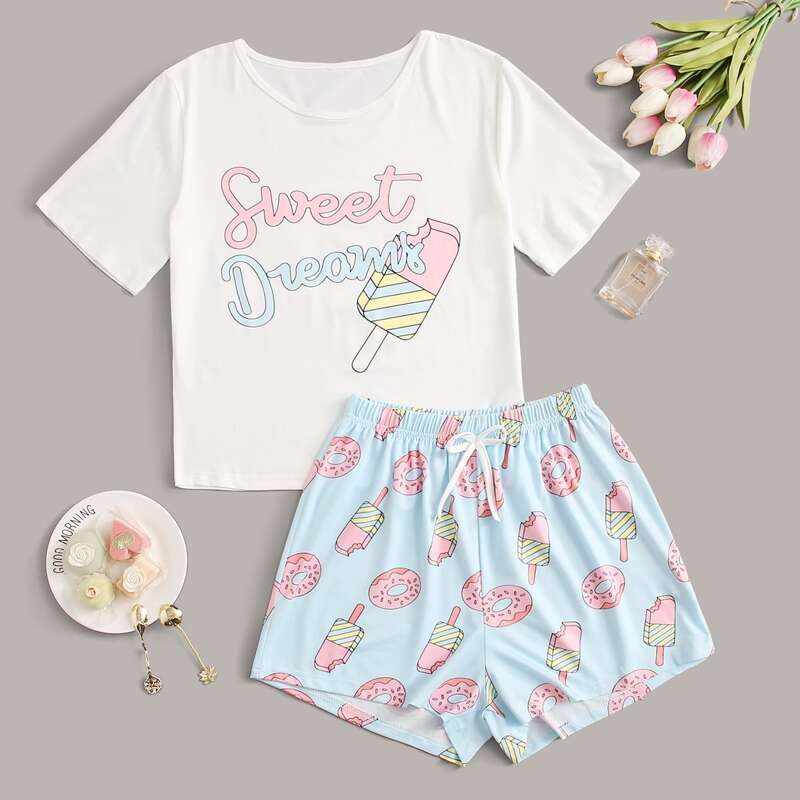 

Letter & Ice Cream Print Tee & Shorts PJ Set, Multicolor