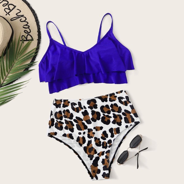 

Leopard Tiered Layer High Waisted Bikini Swimsuit, Multicolor