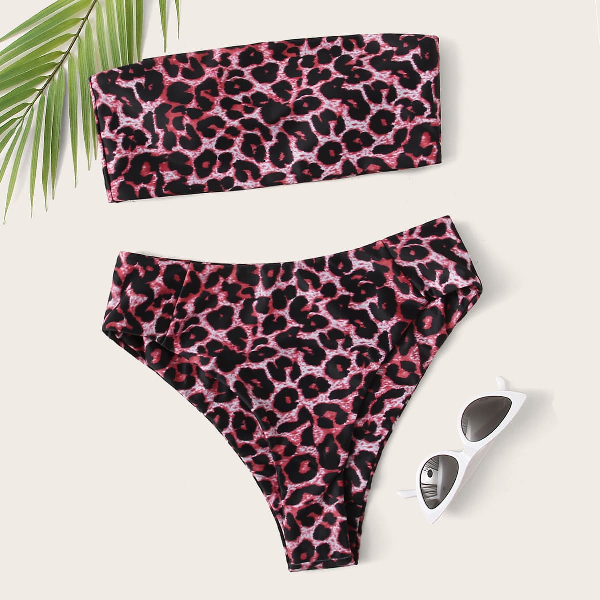 

Leopard Bandeau High Waisted Bikini Swimsuit, Multicolor