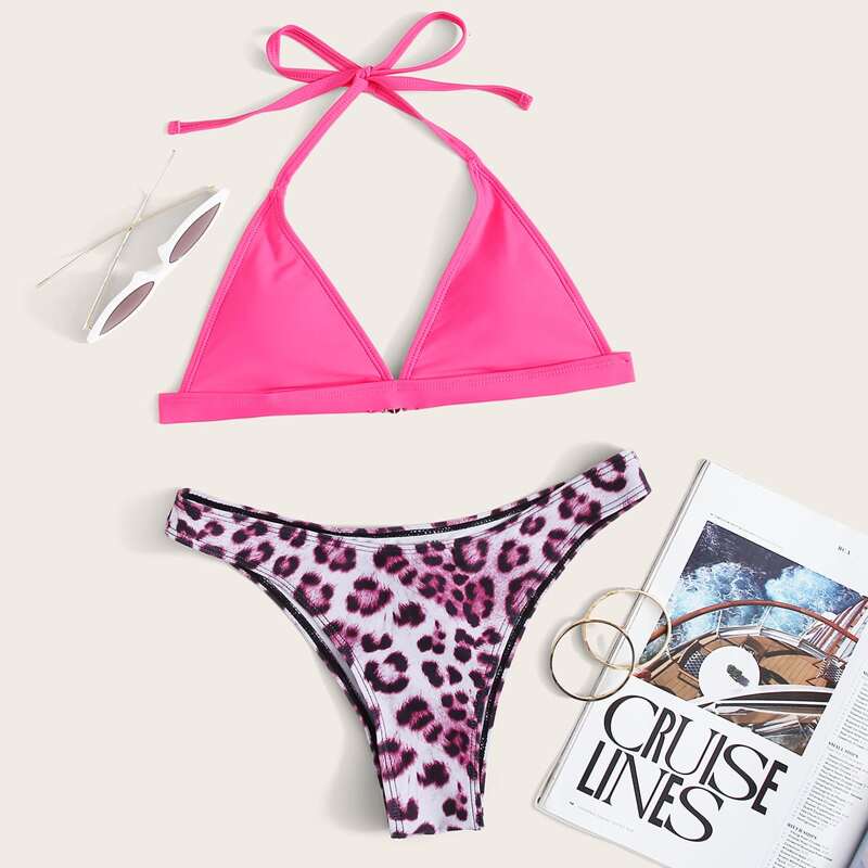 

Leopard Triangle Halter Bikini Swimsuit, Multicolor