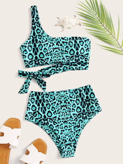 Leopard One Shoulder High Waisted Bikini Swimsuit