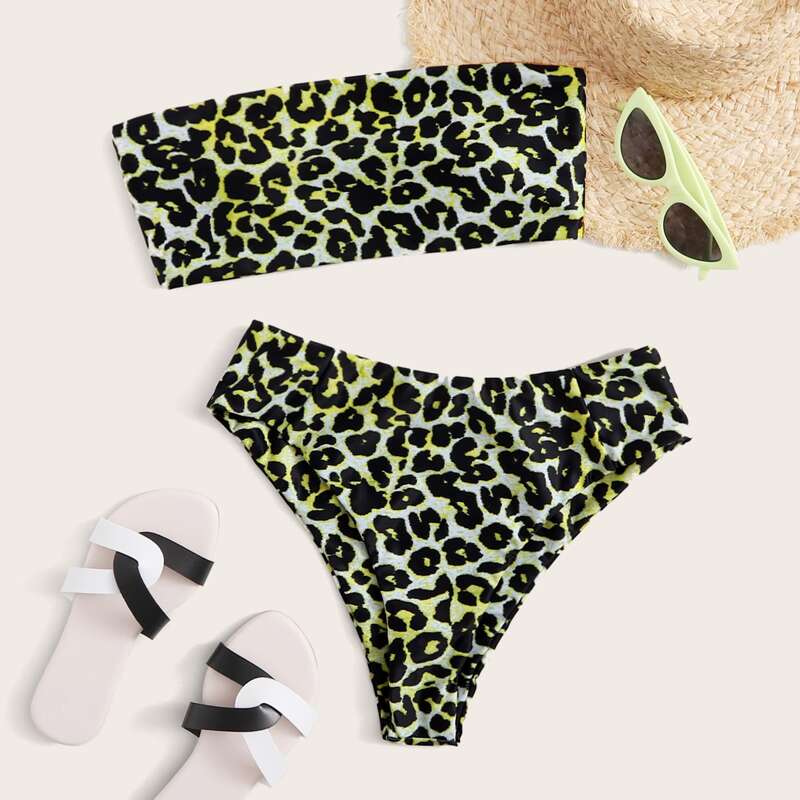 

Leopard Bandeau High Waisted Bikini Swimsuit, Multicolor