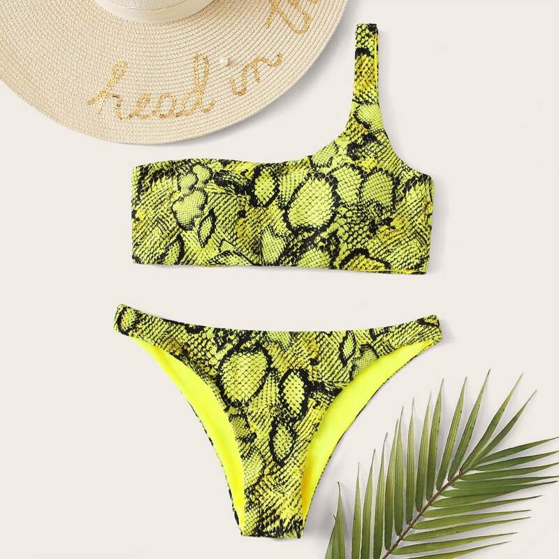

Snakeskin One Shoulder Bikini Swimsuit, Multicolor