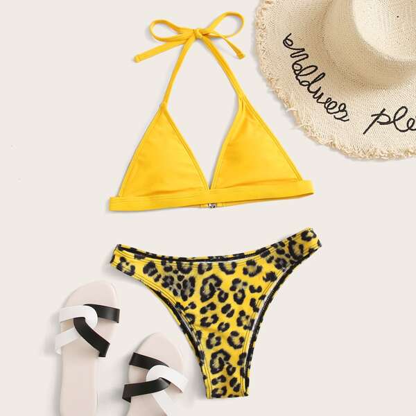 

Leopard Halter Triangle Cheeky Bikini Swimsuit, Multicolor