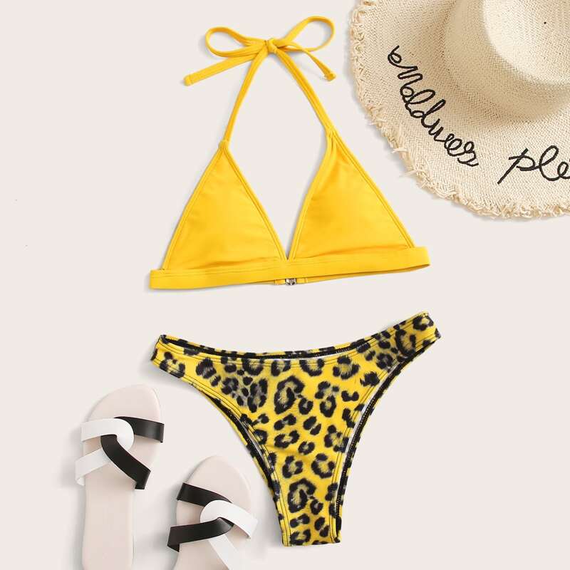 

Leopard Halter Triangle Cheeky Bikini Swimsuit, Multicolor
