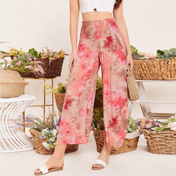 

Smocked Waist Tie Dye Wide Leg Palazzo Pants, Multicolor