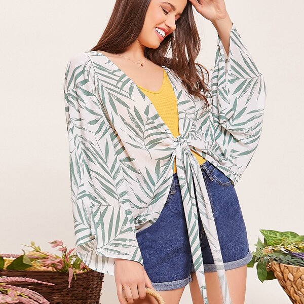 

Palm Leaf Print Tie Front Kimono Sleeve Top, Multicolor
