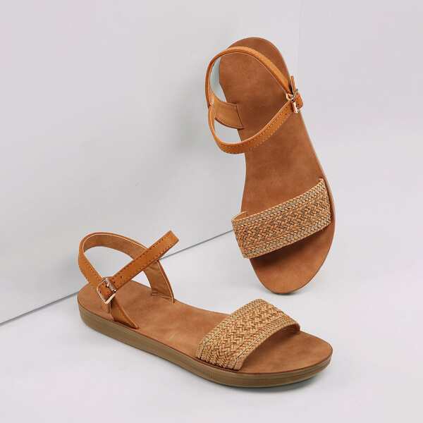 

Weave Detail Band Ankle Strap Sandals, Brown