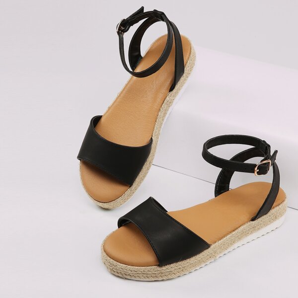 

Open Toe Buckled Ankle Flatform Sandals, Black