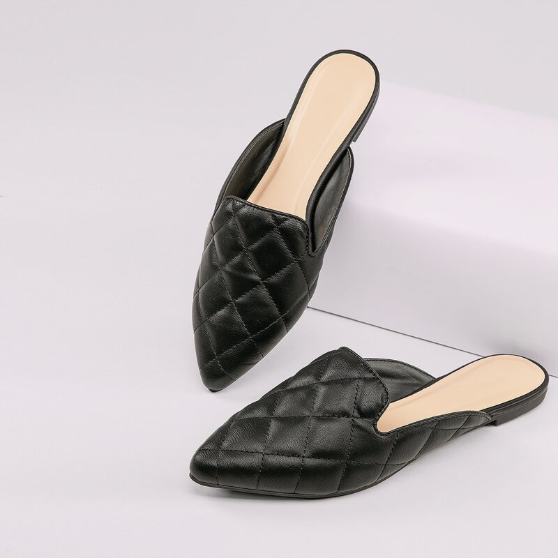 

Pointed Toe Quilted Detail Flat Mules, Black