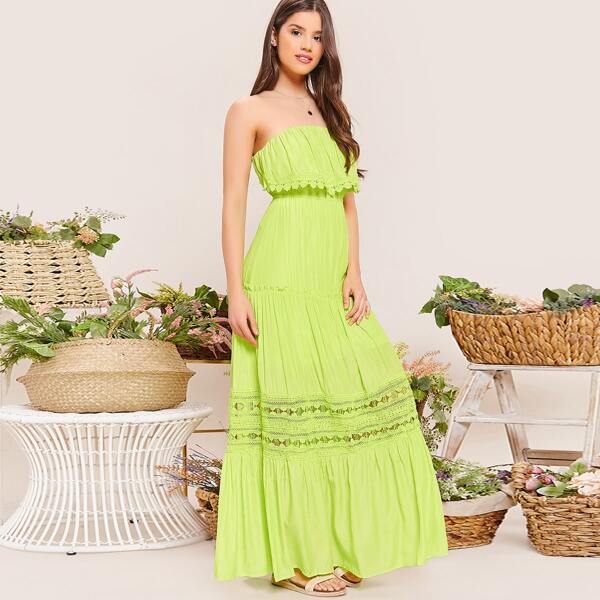 

Lace Trim Strapless Shirred Maxi Dress, Green