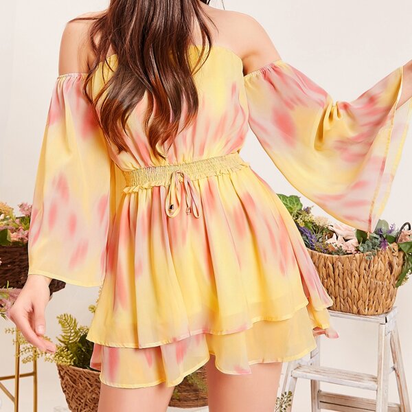 

Tie Dye Off Shoulder Bell Sleeve Romper, Multicolor