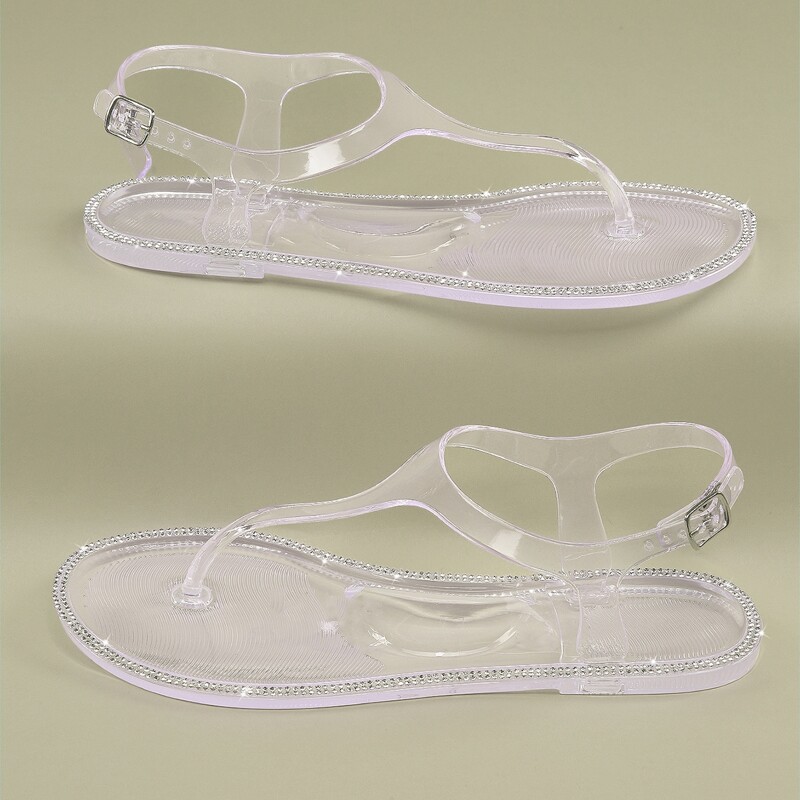 

Crystal Trim Buckled Ankle Jelly Y-Strap Sandals, White