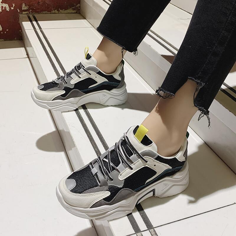 

Lace-up Front Mesh Panel Chunky Sneakers, Black and white