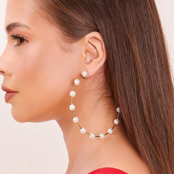 

1pair Large Hoop Earrings With Pearl Accents, Gold