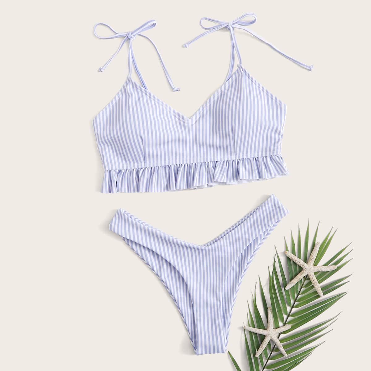 Striped Ruffle Hem Tie Shoulder Bikini Swimsuit, Blue