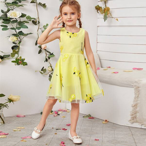 

Toddler Girls Floral Embroidered Mesh Panel A-line Dress, Yellow