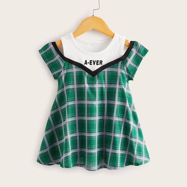 

Toddler Girls 2 In 1 Cold Shoulder Plaid Dress, Green