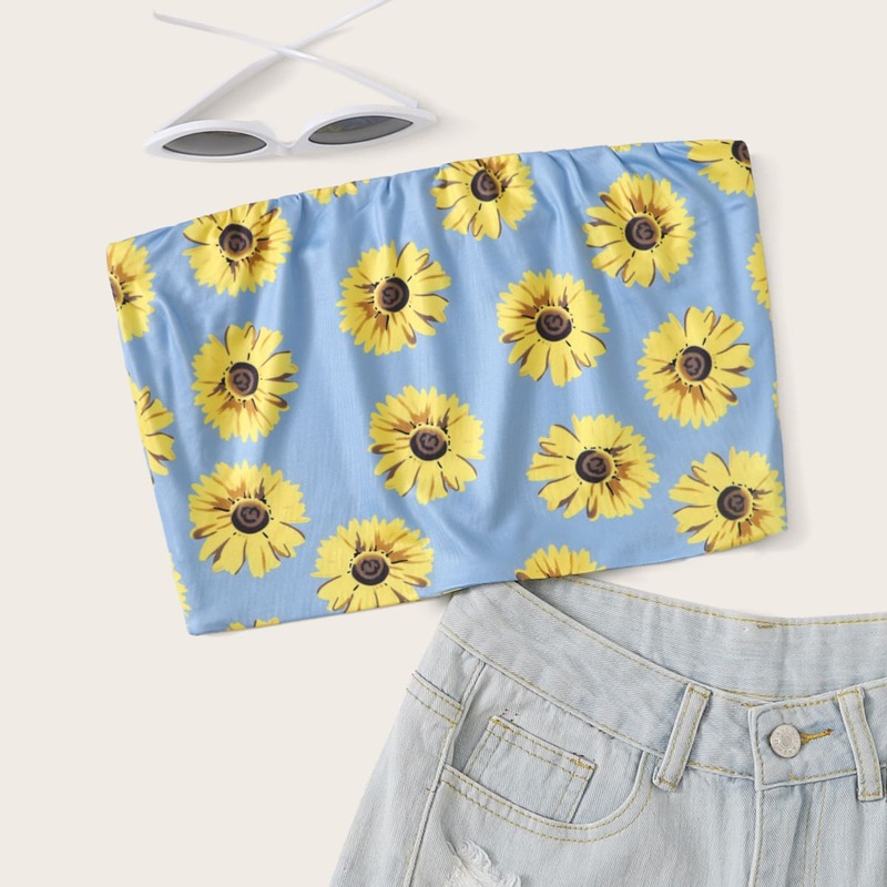 

Sunflower Print Crop Tube Top, Blue