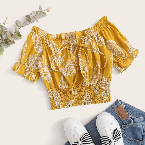 

Plants Print Knot Front Shirred Hem Blouse, Yellow