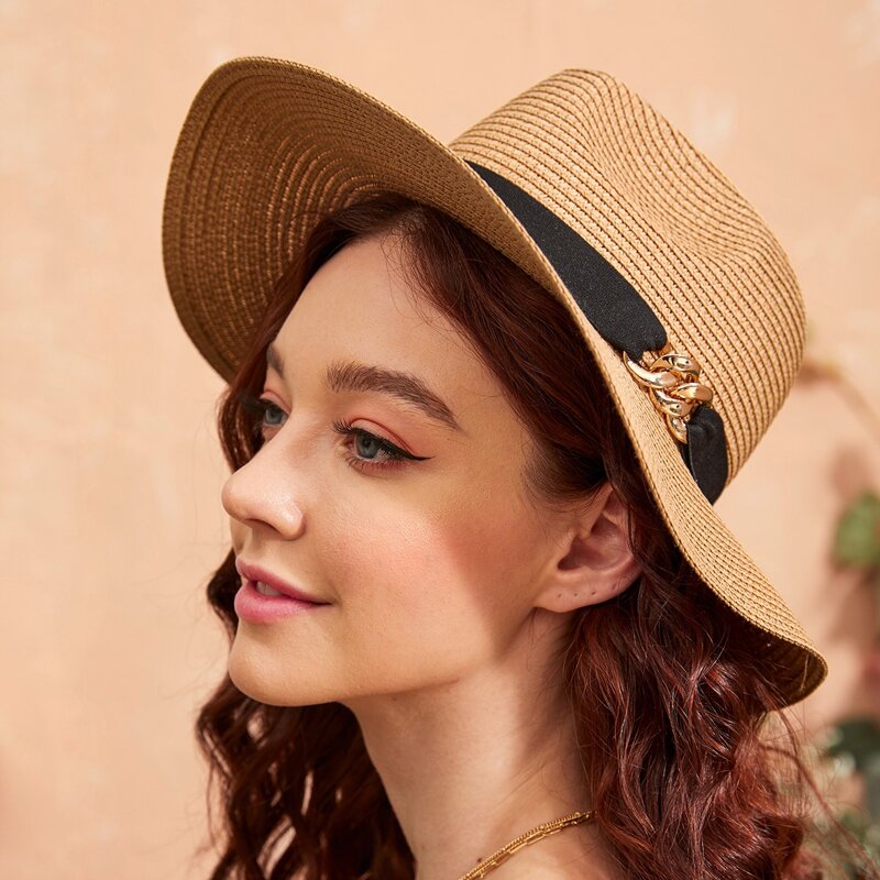 

Chain Band Decor Straw Hat, Khaki