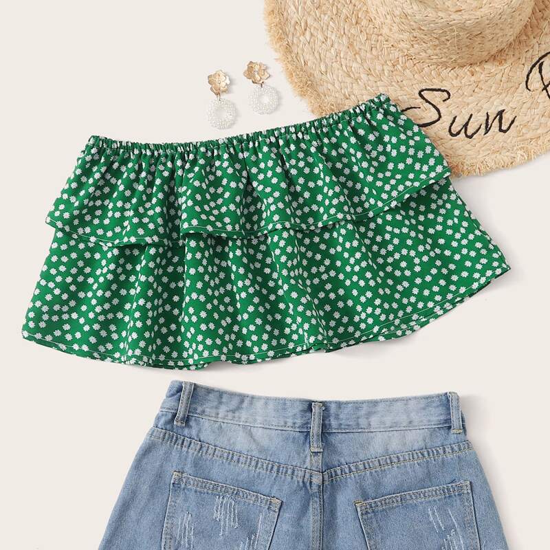 

Ditsy Floral Layered Ruffle Tube Top, Green