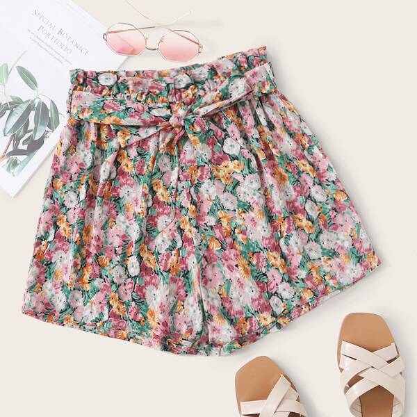 

Allover Floral Print Belted Paperbag Shorts, Multicolor