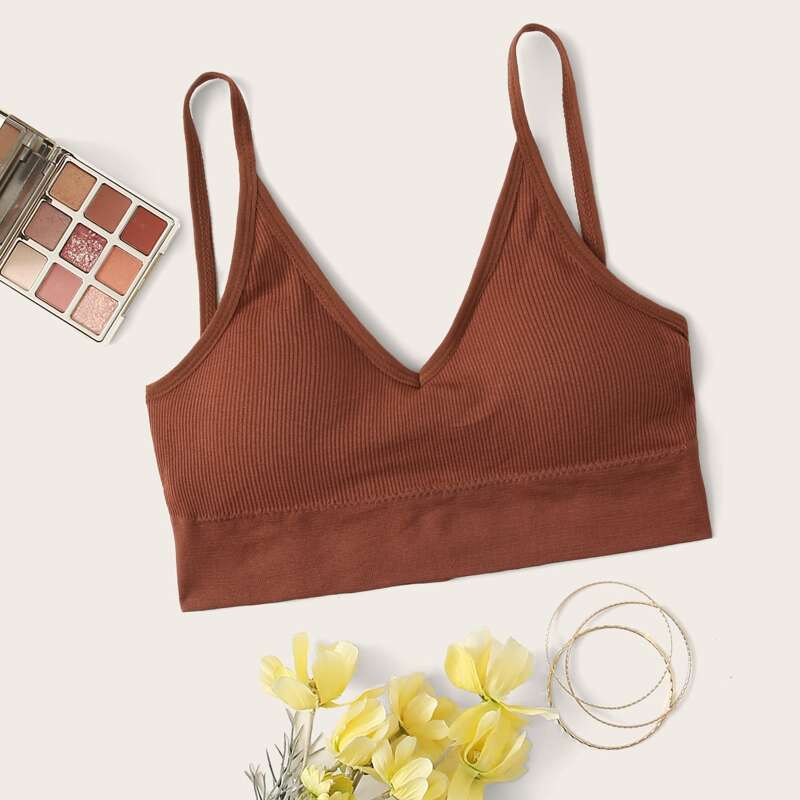 V-neck Ribbed Bralette, Brown