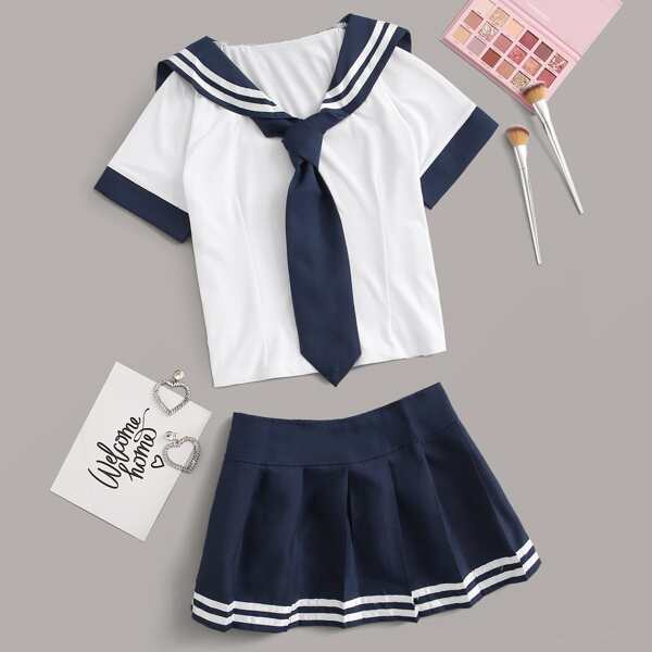 

Short Sleeve Top With Uniform Pleated Skirt, Multicolor