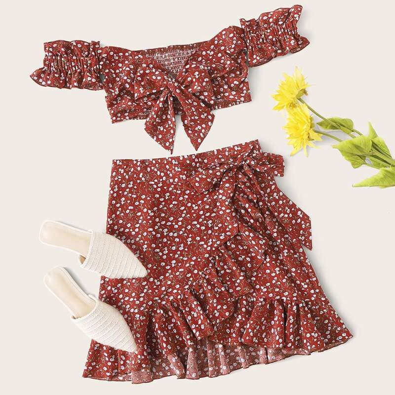 

Tie Front Shirred Crop Bardot Top & Ruffle Wrap Knot Skirt Set, Red